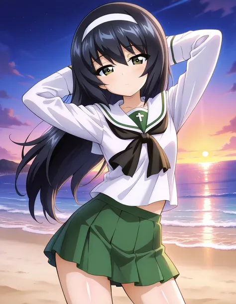 reizei mako, long hair, black hair, white hairband, brown eyes
ooarai school uniform,white sailor collar,black neckerchief,white shirt,long sleeves,green skirt, shiny skin, solo, night sky, beach, hands behind head, ((contrapposto)), closed mouth, (cowboy ...