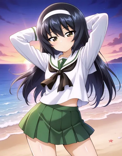 reizei mako, long hair, black hair, white hairband, brown eyes
ooarai school uniform,white sailor collar,black neckerchief,white shirt,long sleeves,green skirt, shiny skin, solo, night sky, beach, hands behind head, ((contrapposto)), closed mouth, (cowboy ...