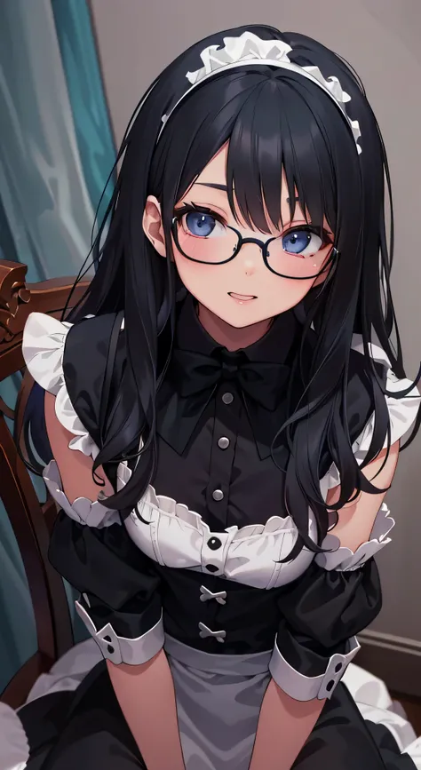 a woman with long black hair and glasses sitting on a chair, extremely detailed artgerm, artwork in the style of guweiz, artgerm. anime illustration, style of artgerm, artgerm portrait, style artgerm, artgerm. high detail, artist artgerm i and wlop, artger...