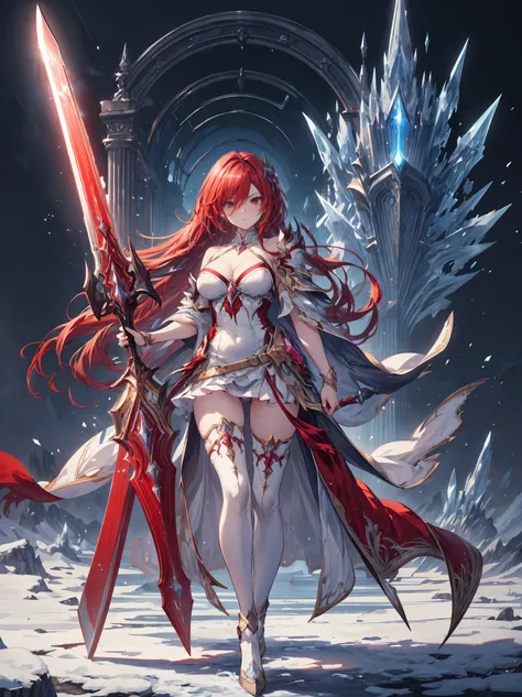 (((masterpiece, best quality, high detailed, 16k))) Female in holding a perfect crimson sword in hand, female goddess, Ornate Sword, divine sword, crimson sword, Planted Sword, big breasts, white bikini dress, red long hair, red eyes, cropped shoulders arm...