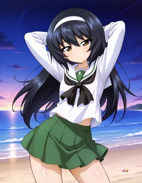 reizei mako, long hair, black hair, white hairband, brown eyes
ooarai school uniform,white sailor collar,black neckerchief,white shirt,long sleeves,green skirt, shiny skin, solo, night sky, beach, hands behind head, ((contrapposto)), closed mouth, (cowboy ...