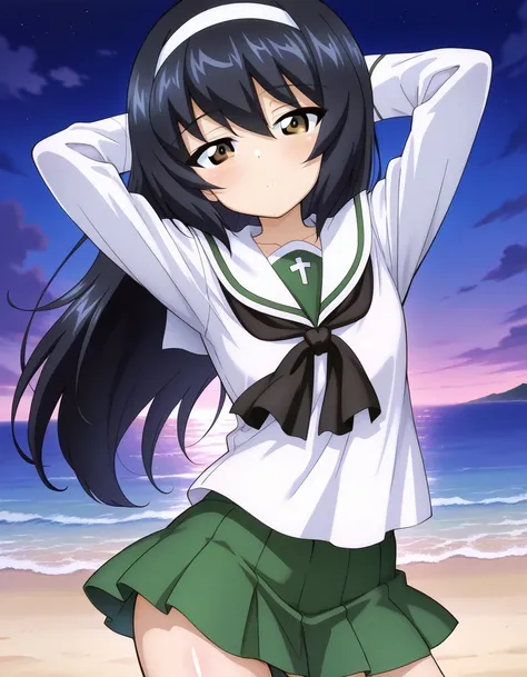reizei mako, long hair, black hair, white hairband, brown eyes
ooarai school uniform,white sailor collar,black neckerchief,white shirt,long sleeves,green skirt, shiny skin, solo, night sky, beach, hands behind head, ((contrapposto)), closed mouth, (cowboy ...