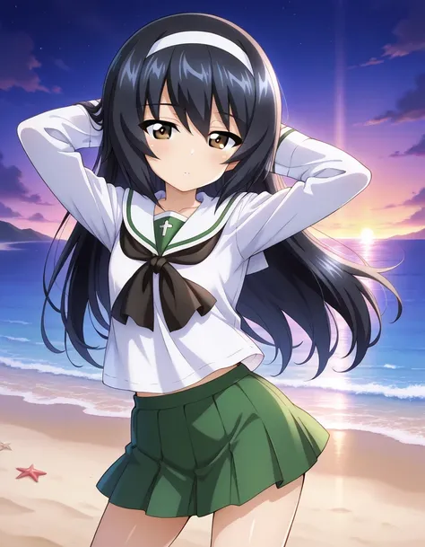 reizei mako, long hair, black hair, white hairband, brown eyes
ooarai school uniform,white sailor collar,black neckerchief,white shirt,long sleeves,green skirt, shiny skin, solo, night sky, beach, hands behind head, ((contrapposto)), closed mouth, (cowboy ...