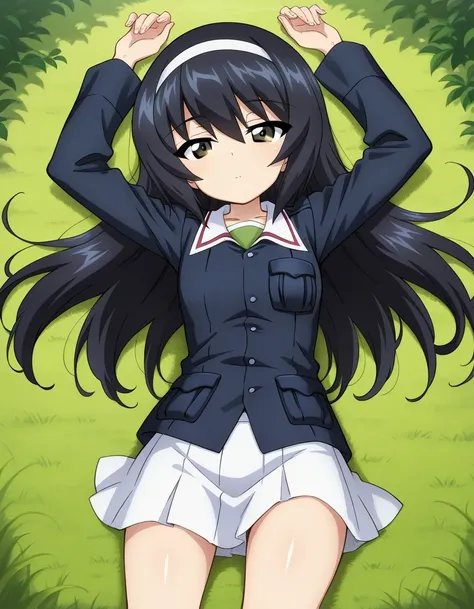 reizei mako, long hair, black hair, white hairband, brown eyes
ooarai military uniform,blue jacket,green shirt,long sleeves, white skirt, shiny skin, high quality, solo, lying, on back, arms up, legs apart, closed mouth, on grass, from above, looking at vi...