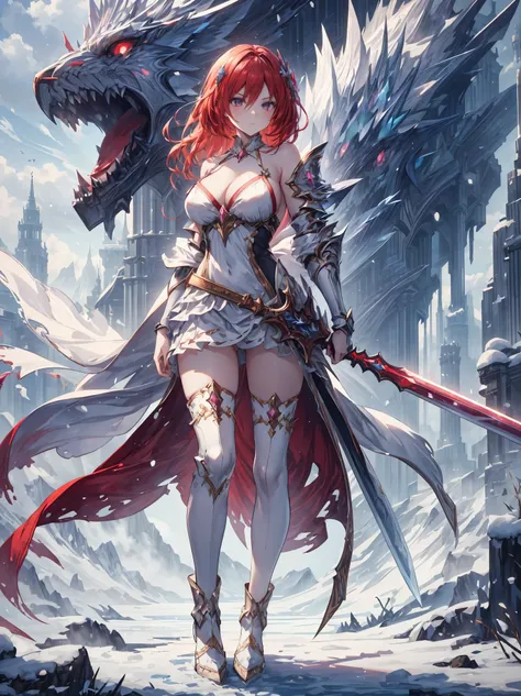 (((masterpiece, best quality, high detailed, 16k))) Female in holding a sword in hand, female goddess, Ornate Sword, (close-up of sword), Planted Sword, big breasts, white bikini dress, red long hair, red eyes, cropped shoulders armor, cleavage, thighs, th...