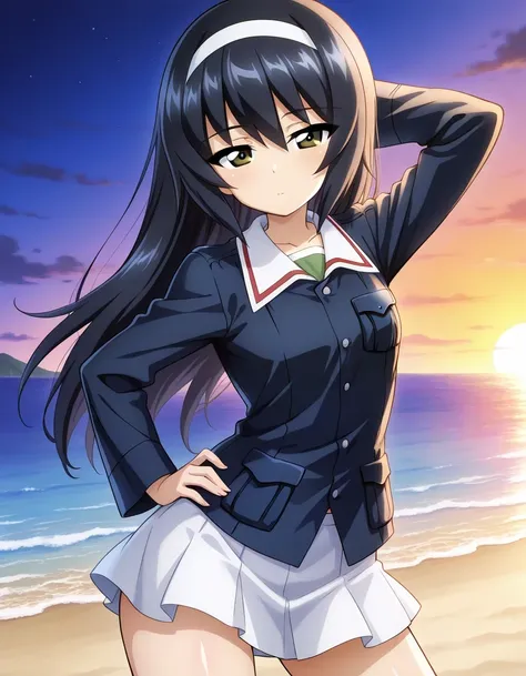 reizei mako, long hair, black hair, white hairband, brown eyes ooarai military uniform, blue jacket, green shirt,long sleeves, white skirt, shiny skin, solo, night sky, beach, hand behind head, hand on hip, ((contrapposto)), closed mouth, (cowboy shot), lo...