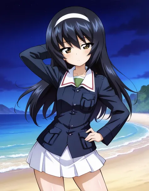 reizei mako, long hair, black hair, white hairband, brown eyes ooarai military uniform, blue jacket, green shirt,long sleeves, white skirt, shiny skin, solo, night sky, beach, hand behind head, hand on hip, ((contrapposto)), closed mouth, (cowboy shot), lo...
