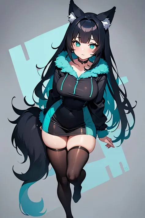 girl with black hair and a teal highlight, wolf ears, teal eyes, fluffy wolf tail, fullbody view, good girl, puppy girl