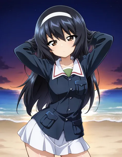 reizei mako, long hair, black hair, white hairband, brown eyes ooarai military uniform, blue jacket, green shirt,long sleeves, white skirt, shiny skin, solo, night sky, beach, hands behind head, ((contrapposto)), closed mouth, (cowboy shot), looking at vie...