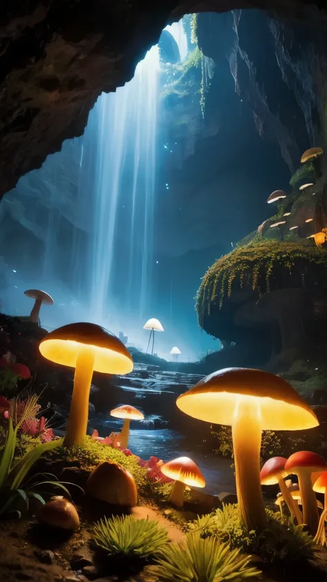 This image depicts a fantastical scene inside a cave. The focal point is a large, glowing yellow mushroom situated in the center, surrounded by small plants and flowers. The cave is illuminated by the mushroom's light, creating a magical atmosphere. In the...