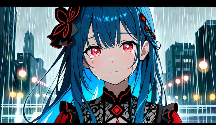 
Masterpiece, Best Quality, Top Quality, Very Detailed, A melancholic young woman with long, flowing blue hair stands in the rain, her eyes filled with deep sorrow. Droplets of water mix with her tears as they stream down her delicate face. Her expression ...