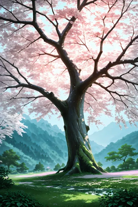 best high quality, Details, photo realistic, plum blossoms, plum tree, mountains,