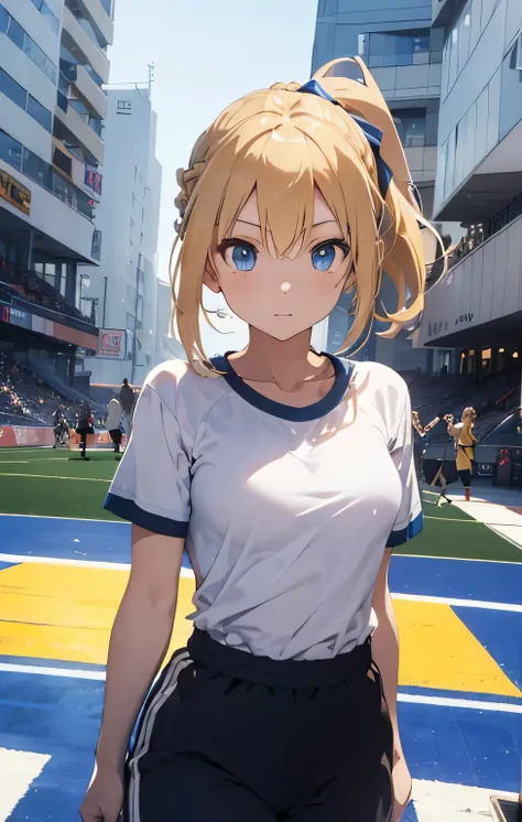 highly detailed,best quality, amazing quality, masterpiece, Artoria Pendragon (((Fate anime Series))), young women, (((Clear skin ))), (((Blonde hair))), ((blue eyes)), medium hair, (((Hair braided with a blue ribbon back in a ponytail))), sport Clothes, (...