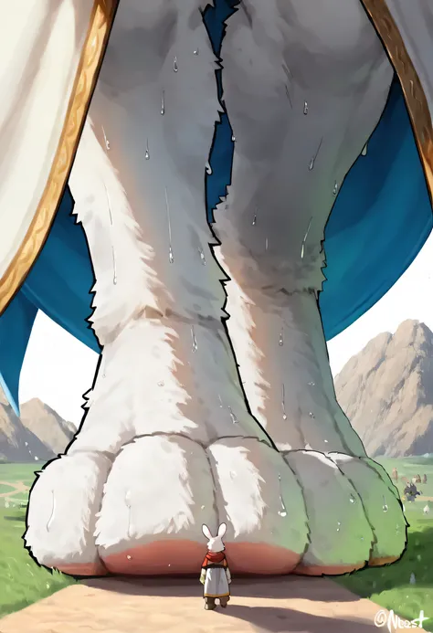  (macro size: 1.1), (describe image of a giant sized rabbit boys lifting his foot in front of an adventurer, most out of frame: 1.2), an adventurer on a tiny path looking at a closeup rabbit foot, simple background, (2boys: 1.1) (height difference), (rabbi...