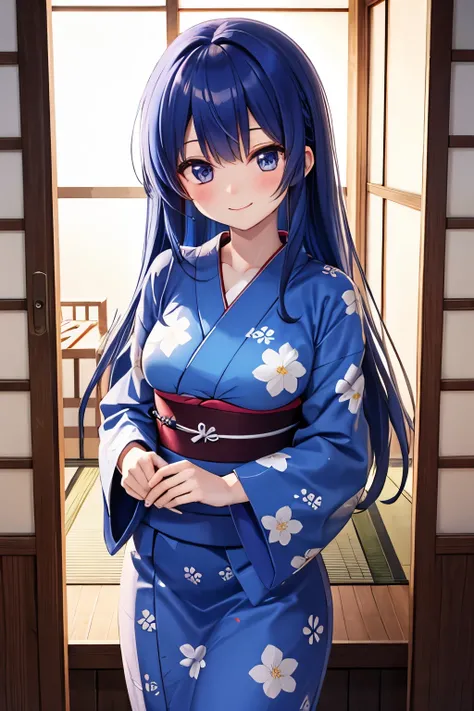 royal blue hair, long hair, straight hair, (light people eyes), smile, embarrassed, medium breasts, yukata, Japanese-style room, night