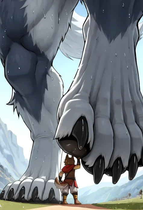  (macro size: 1.1), (describe image of a giant sized wolf boy lifting his foot in front of an adventurer, most out of frame: 1.2), an adventurer on a tiny path looking at a closeup rabbit foot, simple background, (2boys: 1.1) (height difference), (wolf foo...