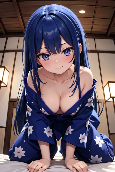 royal blue hair, long hair, straight hair, (light people eyes), evil smile, drunk, embarrassed, medium breasts, yukata, woman on top, bent down, from below, pov, Japanese-style room, night