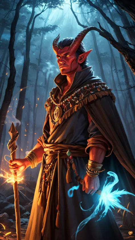 tiefling, colored skin, red skin, horns, demon horns, tail, pointy ears, 1male, 1man, 1boy, shaman, stands, in a mystical forest, surrounded by ethereal glowing spirits, curved horns, beads and feathers, intricate tribal robes, ancient runes, cloak of ench...