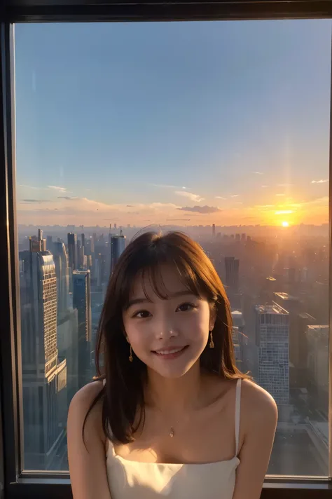  cute face like an 18-year-old idol in a luxury hotel　Smiles Gently　Whole body　(((Beautiful sunset in the big city seen from a skyscraper office window)))　Depictions that are indistinguishable from live action　Artistic　 RAW photos 　Genuine