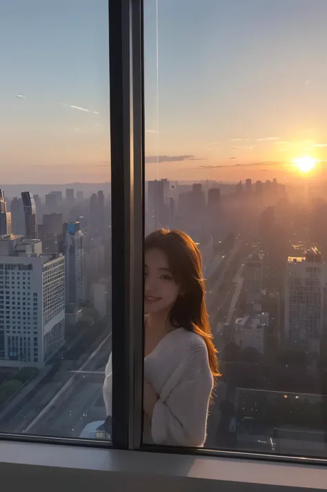  cute face like an 18-year-old idol in a luxury hotel　Smiles Gently　Whole body　(((Beautiful sunset in the big city seen from a skyscraper office window)))　Depictions that are indistinguishable from live action　Artistic　 RAW photos 　Genuine