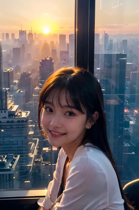  cute face like an 18-year-old idol in a luxury hotel　Smiles Gently　Whole body　(((Beautiful sunset in the big city seen from a skyscraper office window)))　Depictions that are indistinguishable from live action　 RAW photos 　Genuine