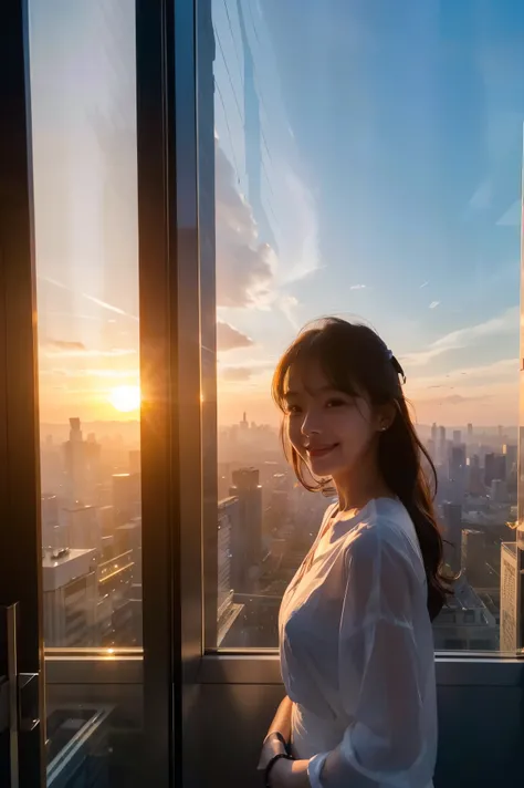  cute face like an 18-year-old idol in a luxury hotel　Smiles Gently　Whole body　(((Beautiful sunset in the big city seen from a skyscraper office window)))　Depictions that are indistinguishable from live action　 RAW photos 　Genuine