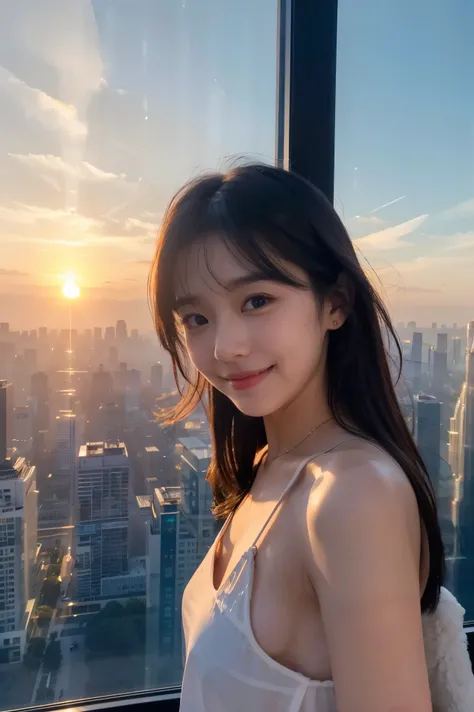  cute face like an 18-year-old idol in a luxury hotel　Smiles Gently　Whole body　(((Beautiful sunset in the big city seen from a skyscraper office window)))　Depictions that are indistinguishable from live action　 RAW photos 　Genuine