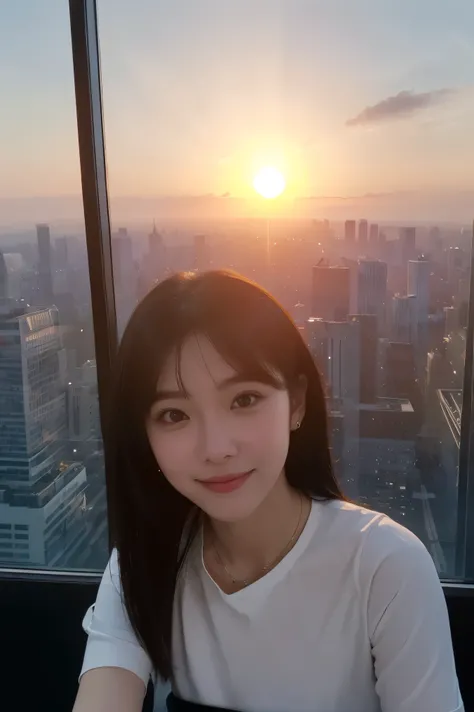  cute face like an 18-year-old idol in a luxury hotel　Smiles Gently　Whole body　(((Beautiful sunset in the big city seen from a skyscraper office window)))　Depictions that are indistinguishable from live action　 RAW photos 　Genuine