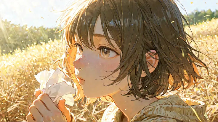 A young woman suffering from hay fever, blowing her nose into a tissue. She has watery eyes and a slightly red nose. Pollen particles and viruses are floating in the air, illuminated by sunlight. The background is a park with blooming trees, slightly blurr...