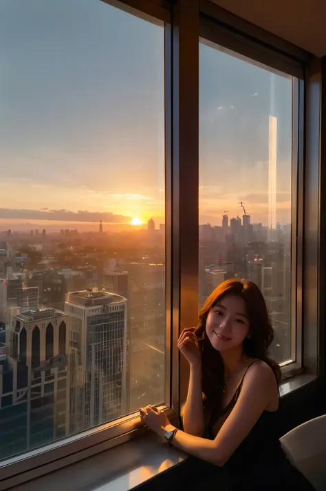  cute face like an 18-year-old idol in a luxury hotel　Smiles Gently　Whole body　(((Beautiful sunset in the big city seen from a skyscraper office window)))　Depictions that are indistinguishable from live action　 RAW photos 　Genuine