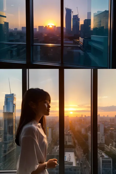  cute face like an 18-year-old idol in a luxury hotel　Smiles Gently　Whole body　(((Beautiful sunset in the big city seen from a skyscraper office window)))　Depictions that are indistinguishable from live action　 RAW photos 　Genuine