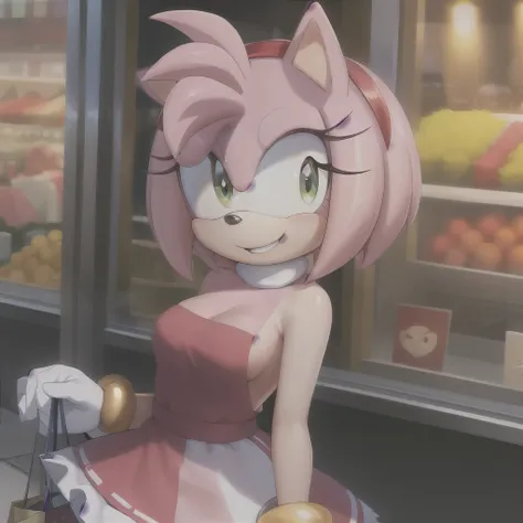 (masterpiece, best quality:1.1), (amy rose:1.1), 1girl, solo, dress, pink skin, looking at viewer, smile, detailed eyes, outdoors, marketplace, shopping desnuda 