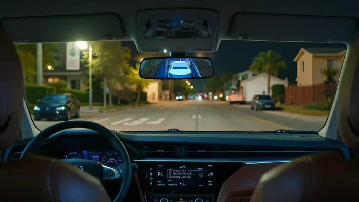 A highly detailed ultra-HD 8K shot focuses on the Toyota Corolla Cross 2025’s digital rearview mirror, which displays a clear real-time feed from a rear-mounted camera. The image is crisp, even in low-light conditions, showing a smooth night drive through ...