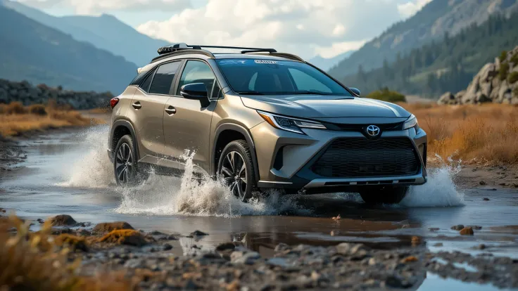 A dramatic ultra-HD 8K action shot captures the Toyota Corolla Cross 2025 splashing through a shallow water puddle on a rugged dirt road. The AWD system activates, keeping the vehicle stable as droplets of water glisten in mid-air. The car’s muscular wheel...