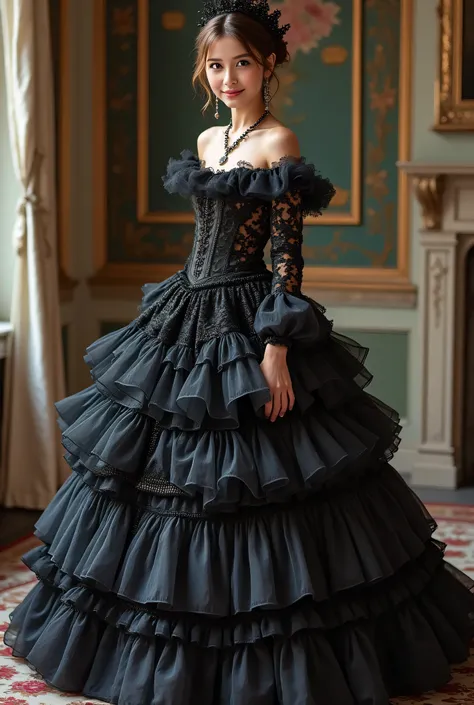 the girl is wearing a dress, Платье с рококо-frill ми, dress in the style of rococo, baroque dress, intricate fantasy dress , ornate frill y dress, romantic dress, frill y outfit, fantasy dress , frill , style you ,  full dress, (( that fashion  )), long-s...