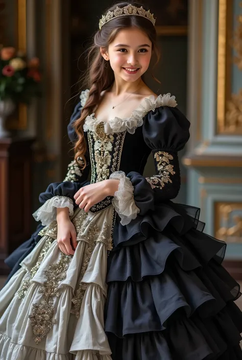 the girl is wearing a dress, Платье с рококо-frill ми, dress in the style of rococo, baroque dress, intricate fantasy dress , ornate frill y dress, romantic dress, frill y outfit, fantasy dress , frill , style you ,  full dress, (( that fashion  )), long-s...