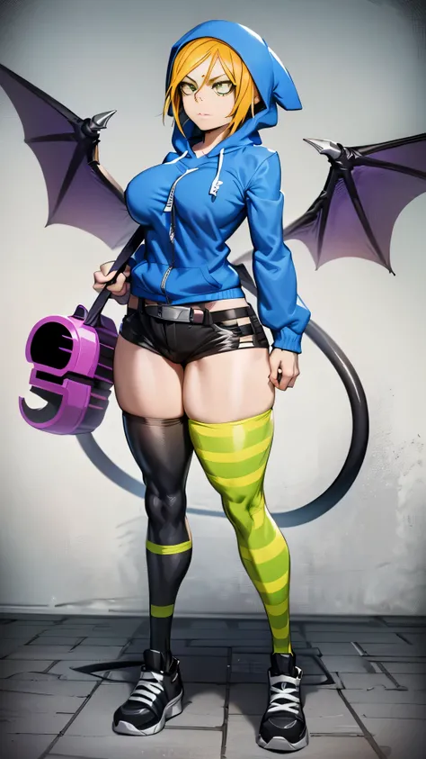 (My Hero academia Style), (Goth Girl), (Foster's Hole For Imaginary Friends), (1girl), (blue short sweatshirt), (black mini shorts), (green and black striped thigh-high socks), (redhead with yellow at the tips), (hood up), (eye shadow), (green eyes), (clas...