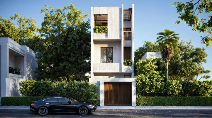 townhouse, (modern style:1.2), exterior design, perspective view, (white wall:1.3), (block sidewalks and asphalt roads), (day sky background), Low trees around the house, (the house next door is lower than the subject designer's house), (day light:1.1), (N...