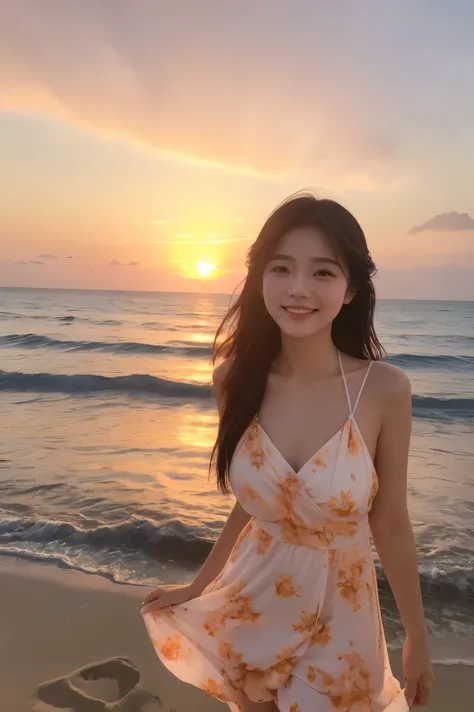  cute face like an 18-year-old idol in a luxury hotel　Smiles Gently　((spring dresses))　Whole body　(((Beautiful beaches and beautiful sunsets)))　Realistic depictions that are indistinguishable from live action　 RAW photos 　Genuine