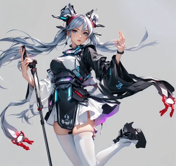 Beautiful woman , perfect anime face , double ponytail, Hatsune Miku , Chinese style, Ancient Chinese elements, robe, white stockings, cyberpunk, best texture , transparent sleeves, Holographic projection, cyberpunk, Real lighting , cinematic re...