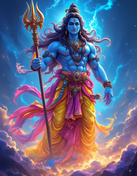 An illustration of tall and muscular Lord shiva who has head up, whose floating clothes are merging into the universe, his clothes are getting blended into the universe ((clothe blends)), (long matted hair, blue skinned, rudraksh mala, yellow and pink att...