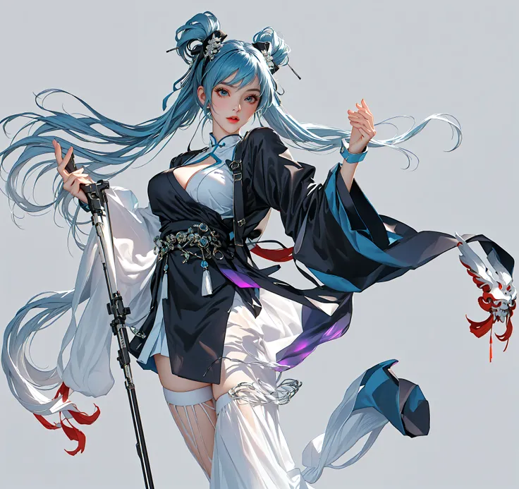Beautiful woman , perfect anime face , Cute and playful, Perfect breasts, double ponytail, Hatsune Miku , Chinese style, Ancient Chinese elements, long sleeve, white stockings, cyberpunk, best texture , transparent sleeves, Holographic projection...