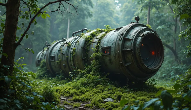 “A long-lost satellite crashed in the middle of a dense jungle, metal frame twisted, overgrown with moss, glowing control panels still active, mysterious atmosphere”