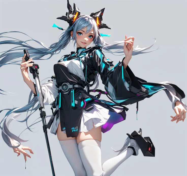 Beautiful woman , perfect anime face , bright smile , double ponytail, Hatsune Miku , Chinese style, Ancient Chinese elements, robe, white stockings, cyberpunk, best texture , transparent sleeves, Holographic projection, cyberpunk, Real lightin...