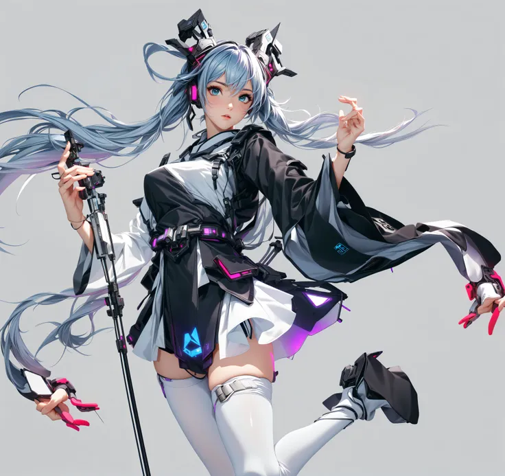 Beautiful woman , perfect anime face , double ponytail, Hatsune Miku , Chinese style, Ancient Chinese elements, robe, white stockings, cyberpunk, best texture , transparent sleeves, Holographic projection, cyberpunk, Real lighting , cinematic re...