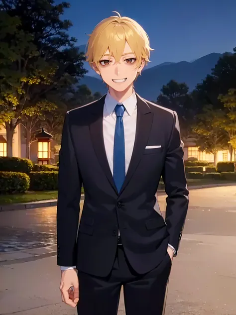 standing, (at night:1.5), masterpiece, best quality, Japanese manga style, upper body, (25 year old male: 1.5) and (short blonde hair) and (brown eyes), (suit:1.5) and (blue tie), (grin:1.3), in the park, alone,
