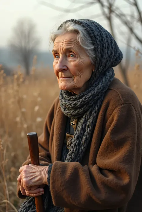 A deeply introspective and realistic portrait of an elderly Ukrainian woman, her face serene and thoughtful. Her soft gray eyes gaze into the distance, lost in contemplation, as if reminiscing about a life full of joys and hardships. Deep wrinkles carve st...