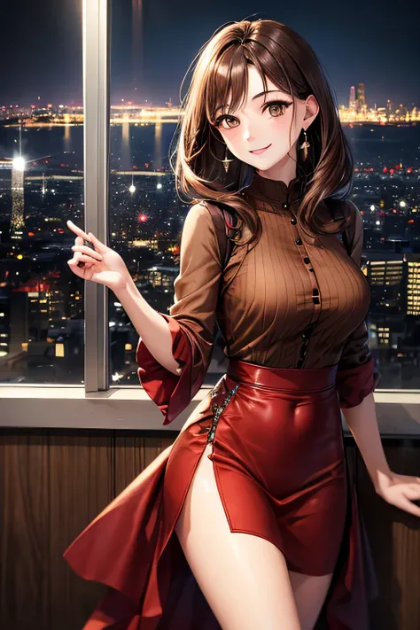 masterpiece, high quality, female, thirties, elegant, natural beauty,chestnut-colour medium length hair, smiling, soft lighting,((( brown eyes))), Bordeaux dress,diamond earrings,high-rise bar,city skyline glows behind