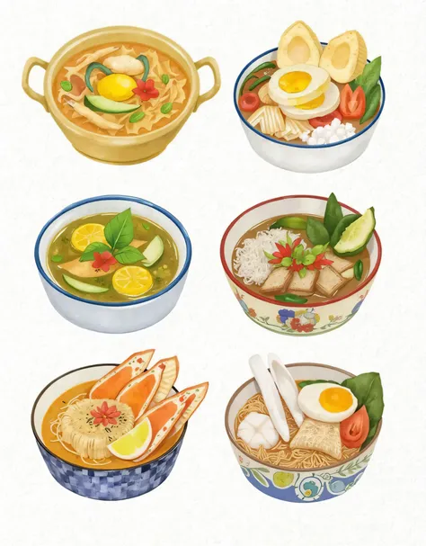 This image showcases six charming watercolor illustrations of various Thai dishes. Let's analyze its features and potential uses:

Features:

Style: The illustrations are rendered in a delicate and appealing watercolor style. The colors are vibrant yet sof...