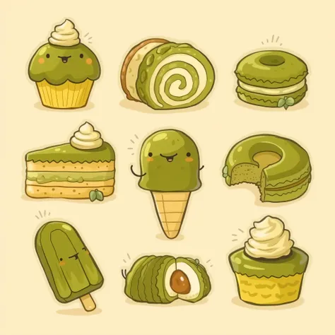 This image presents a collection of nine delightful illustrations of matcha-flavored desserts, all rendered in a consistent, cartoonish style. Let's analyze its features and potential uses.

Features:

Style: The illustrations are done in a bright, cartoon...